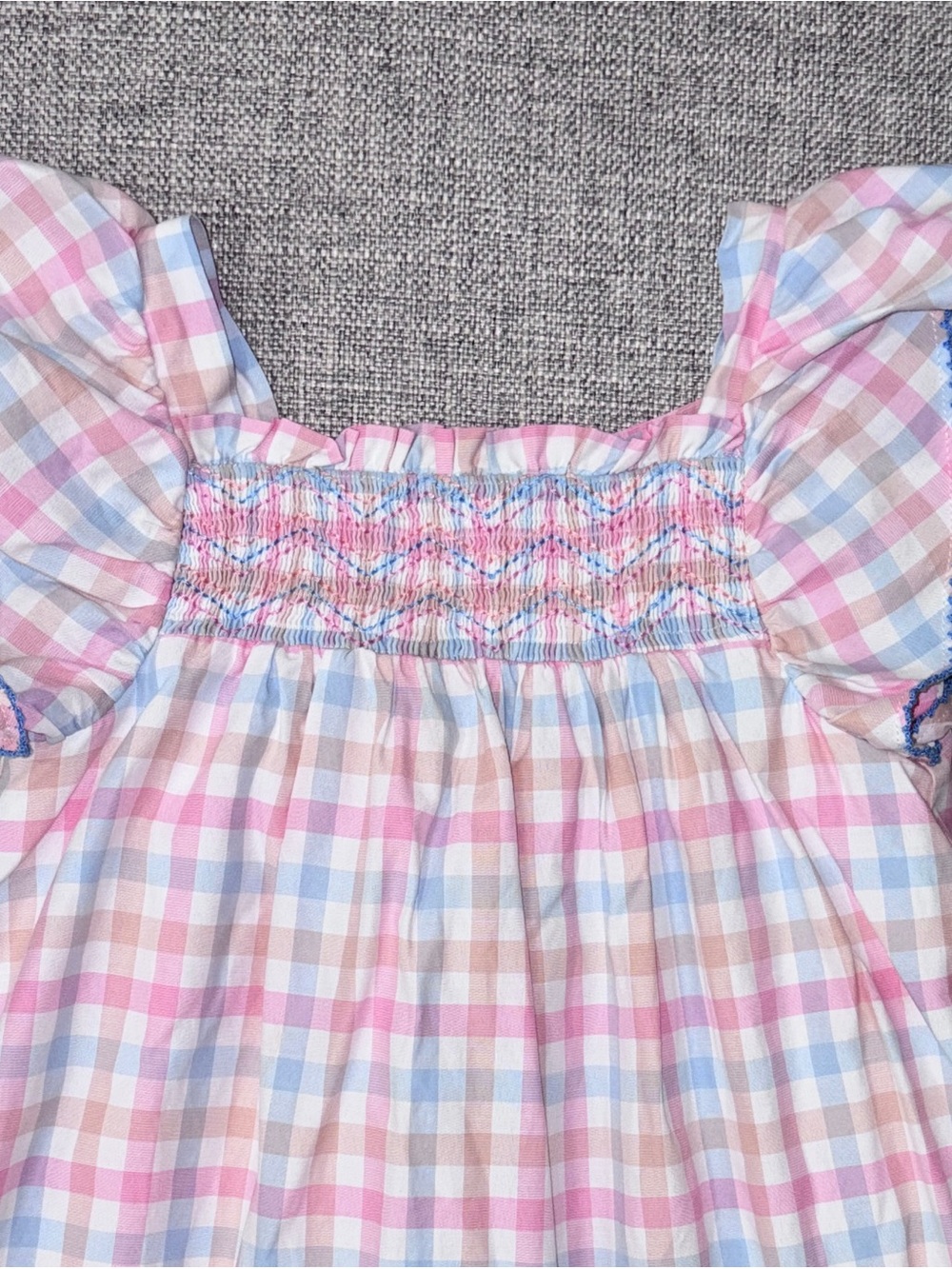 Trotters Pink Blue Cream Checked Smocked Flutter Dress - Picture 2 of 3